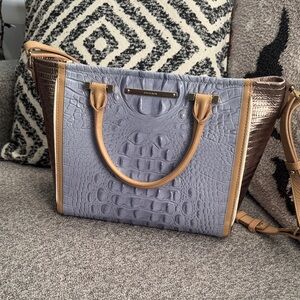 Brahmin Gray and Tan Croc-Embossed Satchel